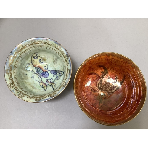 10B - Two Wedgwood lustre bowls, the first printed with butterflies against a pale yellow mottled ground t... 