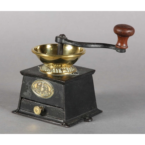 56 - A 19TH CENTURY T&C CLARK & CO BRASS AND CAST IRON COFFEE MILL, turned treen handle, drawer to base