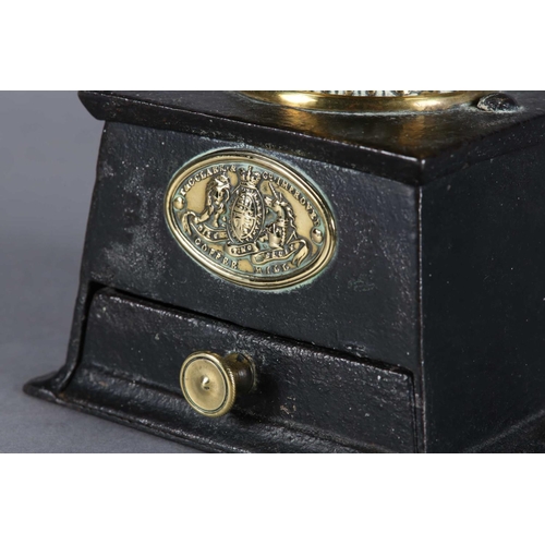56 - A 19TH CENTURY T&C CLARK & CO BRASS AND CAST IRON COFFEE MILL, turned treen handle, drawer to base