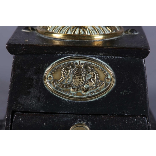 56 - A 19TH CENTURY T&C CLARK & CO BRASS AND CAST IRON COFFEE MILL, turned treen handle, drawer to base