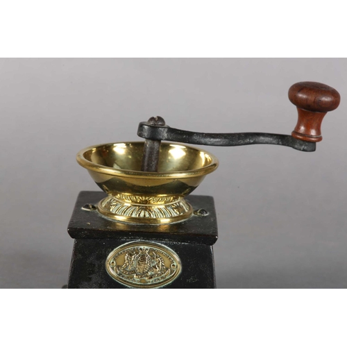 56 - A 19TH CENTURY T&C CLARK & CO BRASS AND CAST IRON COFFEE MILL, turned treen handle, drawer to base