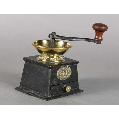 56 - A 19TH CENTURY T&C CLARK & CO BRASS AND CAST IRON COFFEE MILL, turned treen handle, drawer to base