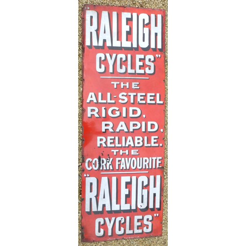 364 - Raleigh Cycles. An unusual vertical promotional wall-mounted three-colour enamel sign, 96 x 34 inche... 