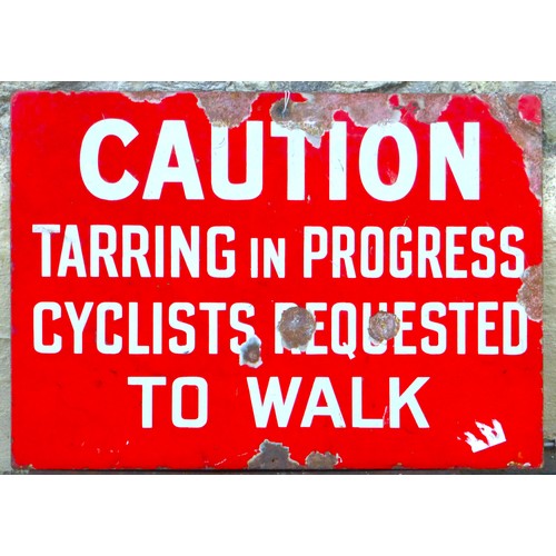 375 - Caution Tarring in Progress, a two-colour enamel sign 15 x 21 inches.

Please note we are unable to ... 