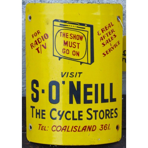 380 - S. O’Neil Cycle Stores. A pillar-mounted enamel sign in yellow and black. 12 x 10 inches.

Please no... 