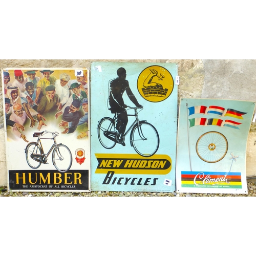 384 - Three transfer-printed tin signs, Clement, Humber & New Hudson

Please note we are unable to offer s... 