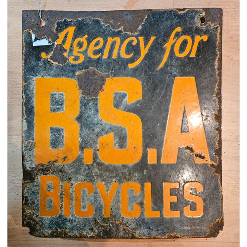 378 - B.S.A. Bicycles agency enamel sign, double-sided, 17 x 15 inches.

Please note we are unable to offe... 