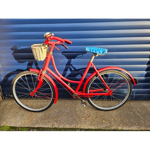 279 - Vintage Girls Hercules Bicycle in red paint with blue vinyl saddle, 20