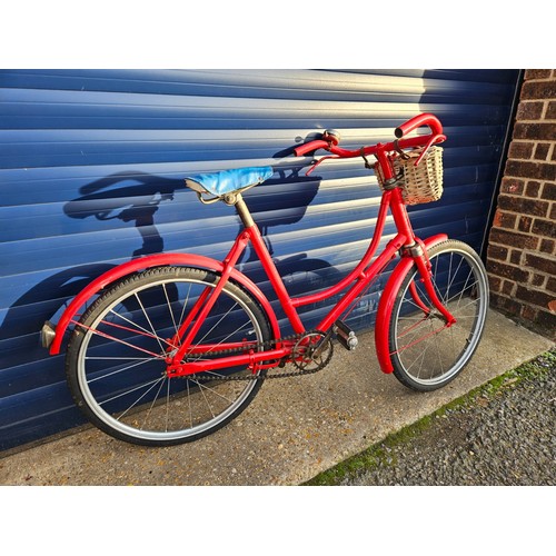 279 - Vintage Girls Hercules Bicycle in red paint with blue vinyl saddle, 20