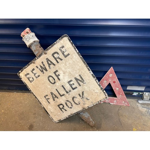 99 - A Pre Warboys Road Sign 'Beware Of Fallen Rock' on a well rusted post with (detached) Trianglular To... 