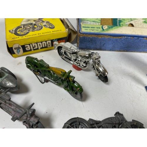 44 - Selection of Motorcycle Die Cast Models. Budgie TT Racer, Dinky RAC Patrol Set (Pre War) with broken... 