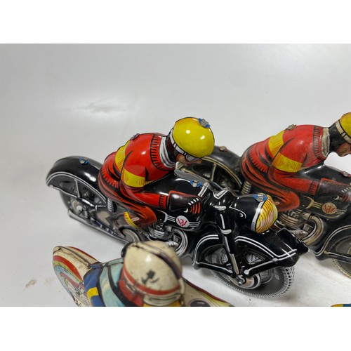 50 - Tinplate Motorcycles (5). One Monkey on a Tricycle, Policia, One Monkey with Sidecar and 2x Black Mo... 