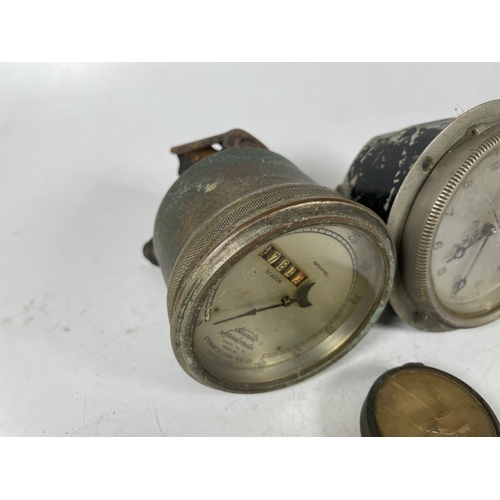 90 - Stewarts 50mph Speedometer, Smiths Clock t/w others. Including large carb (poss Solex), two wing mou... 