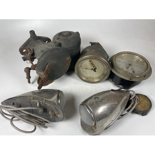 90 - Stewarts 50mph Speedometer, Smiths Clock t/w others. Including large carb (poss Solex), two wing mou... 