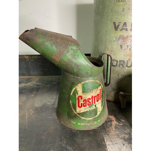 524 - 2 Oil Pourers, and 1 Oil Drum, Castrol 1 Gallon, Petrola, Valor 5 Gallon with Tap

In house shipping... 