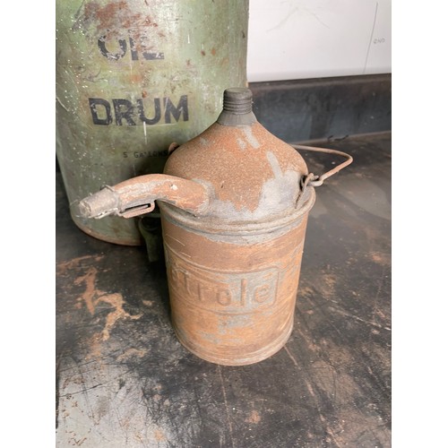 524 - 2 Oil Pourers, and 1 Oil Drum, Castrol 1 Gallon, Petrola, Valor 5 Gallon with Tap

In house shipping... 