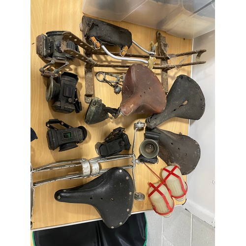 339 - Box of Sundry Bicycle Parts, Saddles, Lamps, Etc