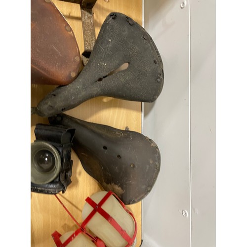 339 - Box of Sundry Bicycle Parts, Saddles, Lamps, Etc