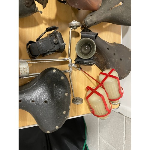 339 - Box of Sundry Bicycle Parts, Saddles, Lamps, Etc