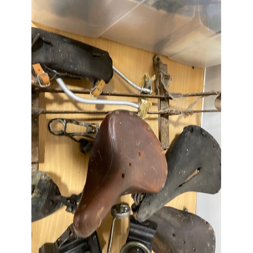 339 - Box of Sundry Bicycle Parts, Saddles, Lamps, Etc