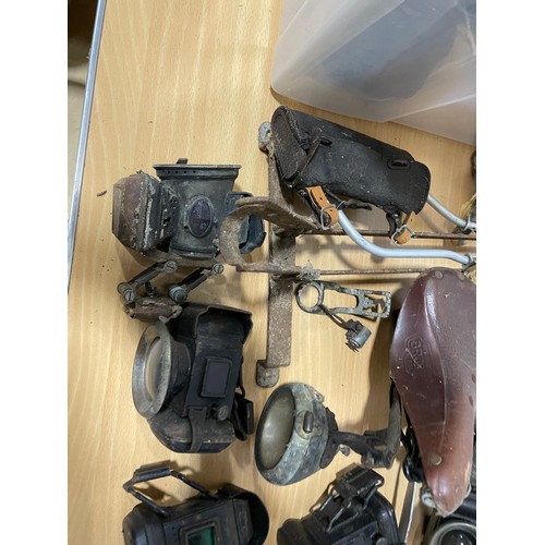 339 - Box of Sundry Bicycle Parts, Saddles, Lamps, Etc