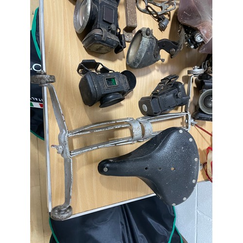 339 - Box of Sundry Bicycle Parts, Saddles, Lamps, Etc