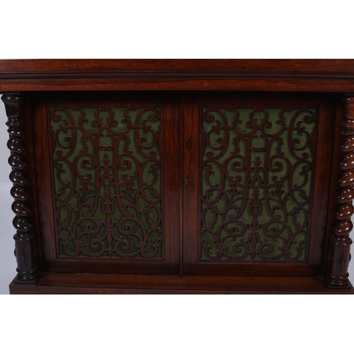 10 - A FINE 19TH CENTURY ROSEWOOD SIDE CABINET the raised superstructure with pierced gallery above a pai... 