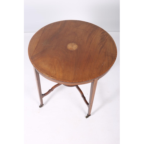 44 - A SHERATON DESIGN MAHOGANY AND SATINWOOD INLAID TABLE the circular top with fan inlaid panel raised ... 