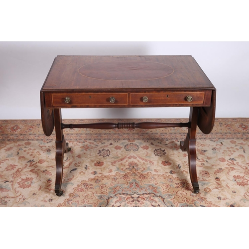 35 - A GOOD GEORGIAN MAHOGANY AND SATINWOOD CROSS BANDED SOFA TABLE the rectangular hinged top with two f... 