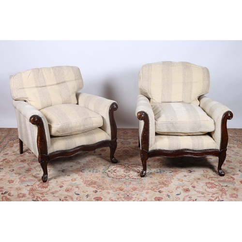 66 - A THREE PIECE MAHOGANY AND UPHOLSTERED SUITE comprising three seater settee 192(w) with loose cushio... 