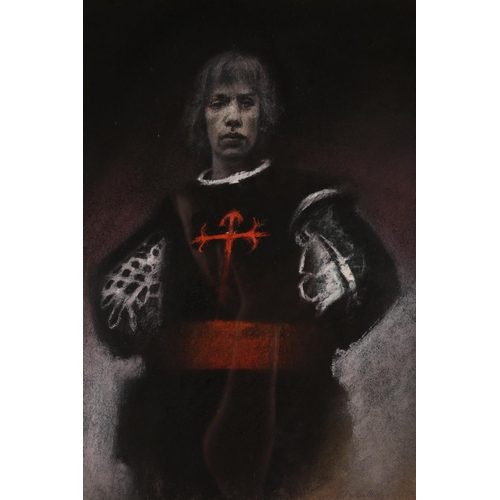 717 - DONAL O'SULLIVAN (1945-1991) IRISH FIGURE OF A MAN IN MEDIEVAL COSTUME charcoal and pastels signed 3... 