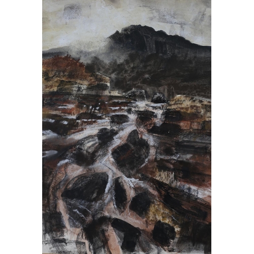 718 - JIM MANLEY (b1934) IRISH RIVER AND MOUNTAIN LANDSCAPE mixed media signed 51cm x 38cm