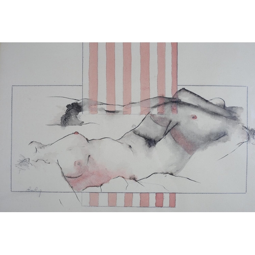 720 - DOWLING 20TH CENTURY IRISH RECLINING NUDES pen ink and wash signed 39cm x 54cm