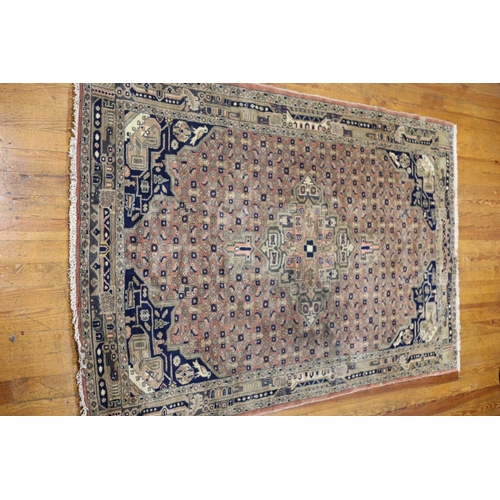 79 - AN ORIENTAL WOOL RUG the light pink indigo and light brown ground with central panel filled with sty... 