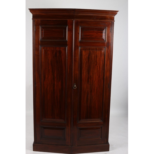 9 - A GOOD MAHOGANY WARDROBE the shaped moulded cornice above a pair of panelled doors containing a hang... 