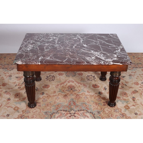 91 - A 19TH CENTURY MAHOGANY AND MARBLE COFFEE TABLE surmounted by a rouge veined marble top on fluted ri... 