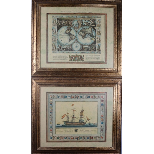 98 - A PAIR OF COLOURED PRINTS depicting a sailing boat and a world globe 63cmx 73cm