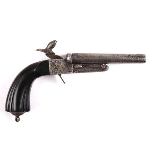 193 - 19th century Spanish, double-barrel, hammer-action, pin-fire, breech-loading pistol, with fluted ebo... 