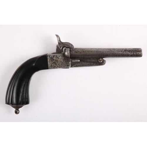 193 - 19th century Spanish, double-barrel, hammer-action, pin-fire, breech-loading pistol, with fluted ebo... 