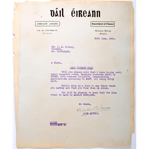 105 - Michael Collins, 1920 (June 30) a signed single-page typewritten letter, as Minister of Finance, on ... 