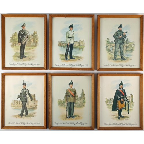 159 - A Rifles white metal pouch belt boss and whistle, together with seven framed colour prints of Royal ... 