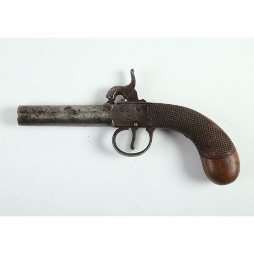 192 - Early 19th century percussion, boxlock, pocket pistol, on chequered walnut butt. 7¼