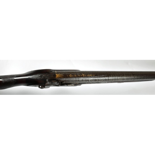 194 - Early 19th century percussion fowling piece, The damascus barrel with gold inlaid sunburst and maker... 