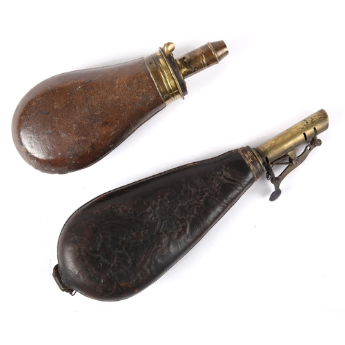 196 - A Sykes powder flask and a leather shot flask.