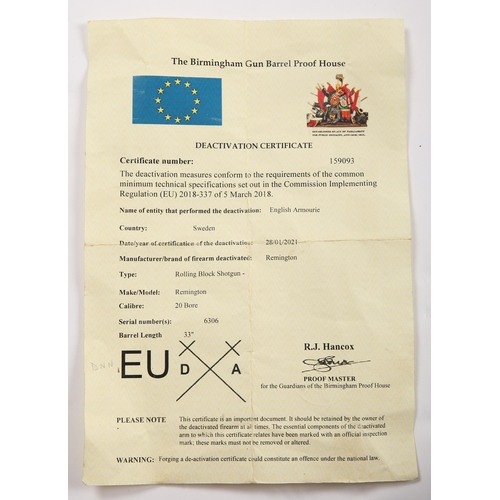 199 - 1872 Remmington 'Rolling Block' breech loading shotgun. A Swedish-made 20-bore shotgun, serial numbe... 