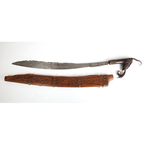 206 - Indonesian Dayak head-hunter's sword or Mandau, the tempered steel, curved, single-edged blade decor... 