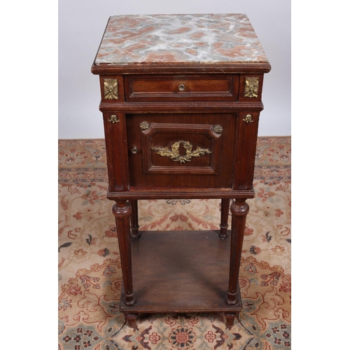 71 - A 19TH CENTURY CONTINENTAL KINGWOOD AND GILT BRASS MOUNTED PEDESTAL with veined marble inset and fri... 