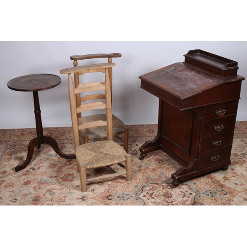 75 - A MAHOGANY DAVENPORT together with two vintage rush seat chairs and two mahogany wine tables (5)