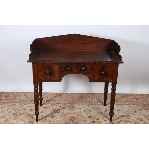 14 - A 19TH CENTURY MAHOGANY SIDE TABLE of rectangular outline with moulded three quarter gallery and gla... 