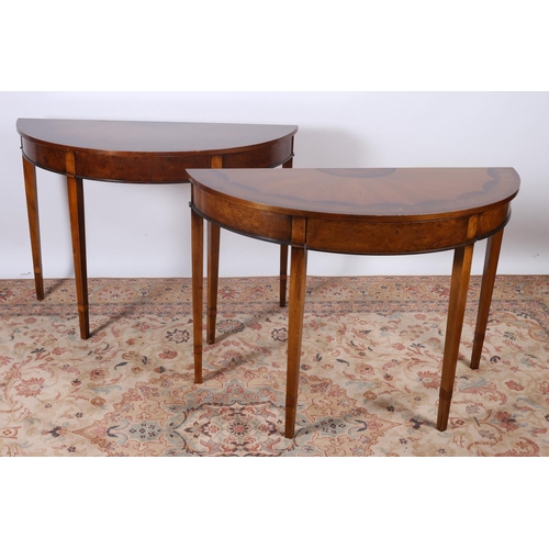 2 - A PAIR OF SHERATON DESIGN SATINWOOD KINGWOOD AND WALNUT SIDE TABLES each of demilune outline the sha... 